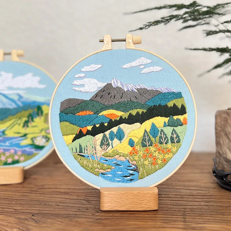 Embroidery Starter Kit for Adult Beginner with Landscape Mountain Nature Scenery Pattern Hand Set with Embroidery Cloth Needles