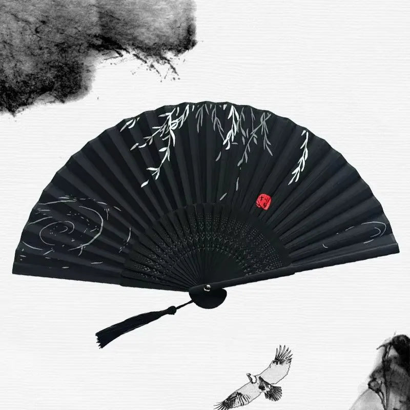 Bamboo Folding Fan Silk Chinese Fan Hand Women Black Fan Summer Female Dance Home Decoration Party Gift Home Ornament Fan Black