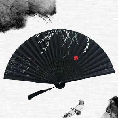 Bamboo Folding Fan Silk Chinese Fan Hand Women Black Fan Summer Female Dance Home Decoration Party Gift Home Ornament Fan Black