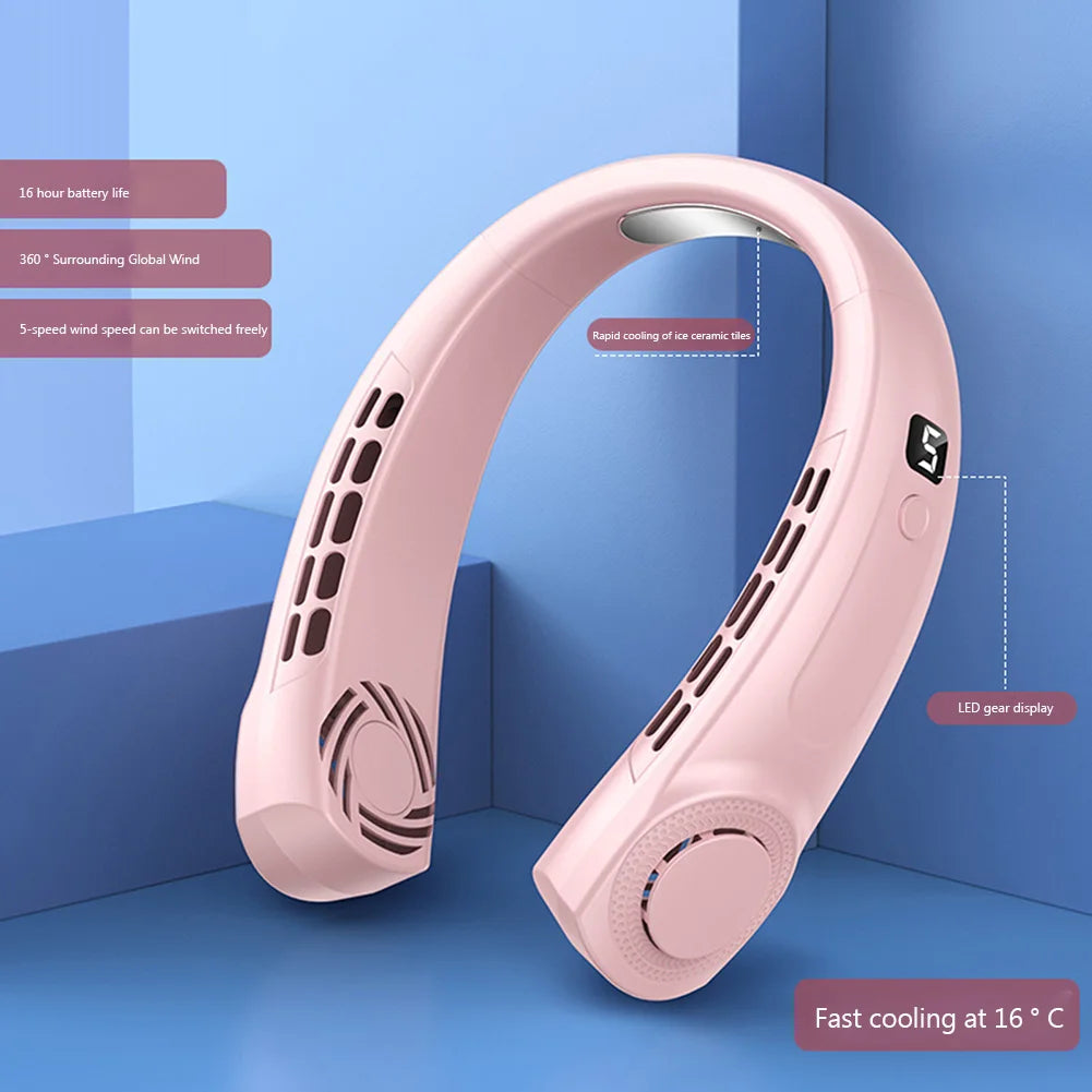 Portable Neck Fan LED Digital Display Hanging Neck Fan Leafless Air Cooler Mute USB Rechargeable Cooler with Atmosphere Light
