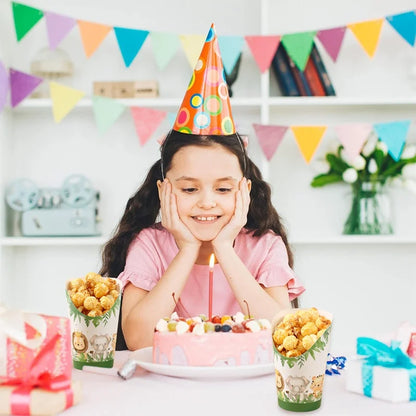 30PCS Jungle Animal Disposable Kraft Paper Slant Snack Cups Kraft Paper Slant Cups Snack Baking Cakes French Fries Containers