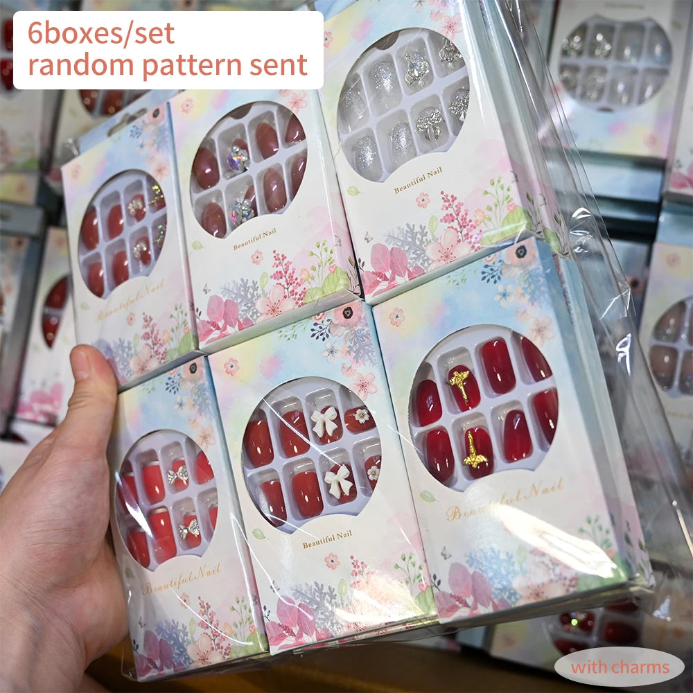 144pcs=6boxes Randomly Press On Nails Short Square Medium Almond Nail Kits 3D Rhinestone Flower Bowtie Reusable Press On Nails