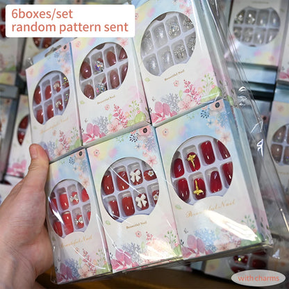 144pcs=6boxes Randomly Press On Nails Short Square Medium Almond Nail Kits 3D Rhinestone Flower Bowtie Reusable Press On Nails