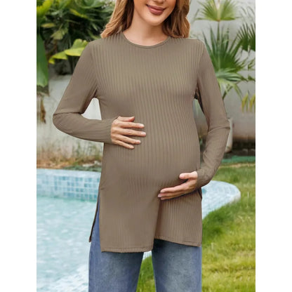 Spring New Maternity Clothes Round Neck Solid Color Slit Long Sleeve Base T-shirt Tops For Pregnant Women Maternity Wear