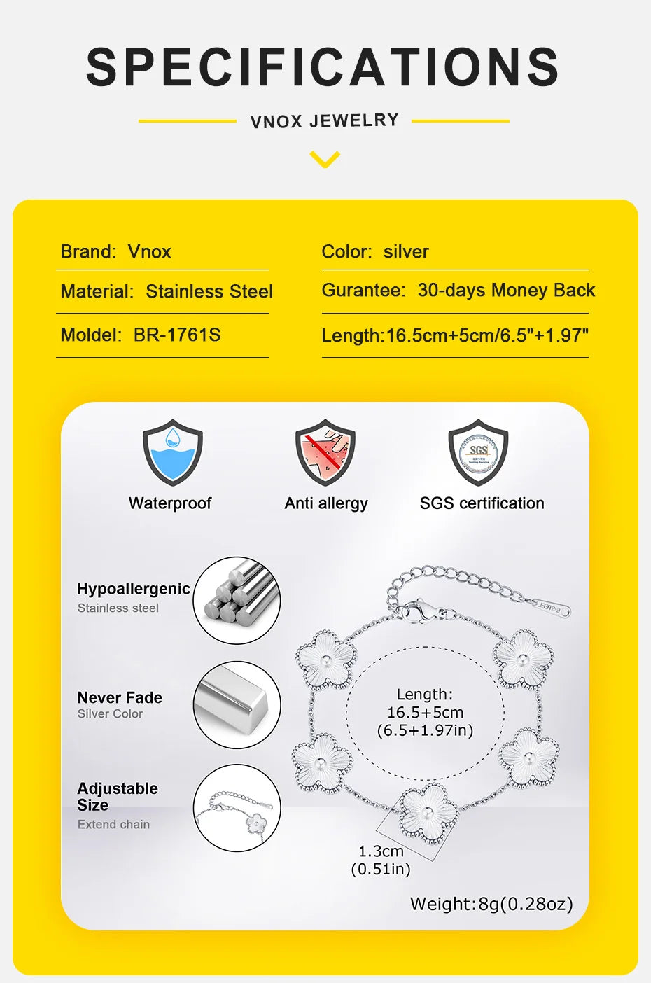 Vnox Stainless Steel Colorful Clover Cute Hand Bracelet For Woman Fashion Five Leaf Flower Lucky Jewelry Accessories Gift To Her