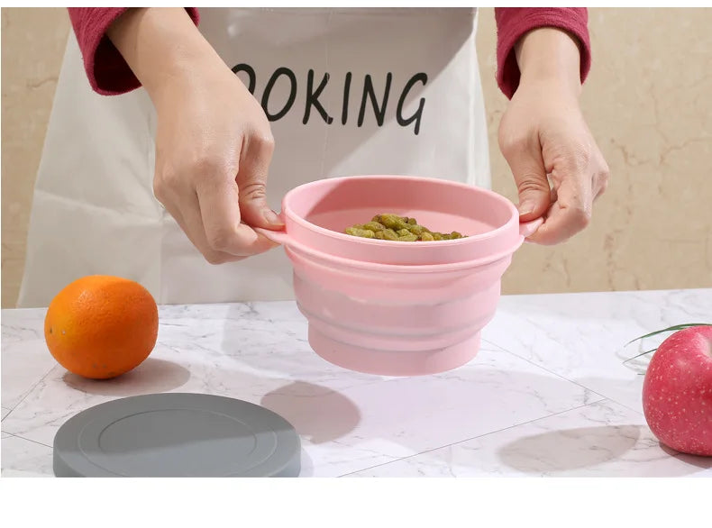 Travel Portable Silicone Folding Bowl Children's Travel Outdoor Tableware with Lid Foldable Noodle Bowl