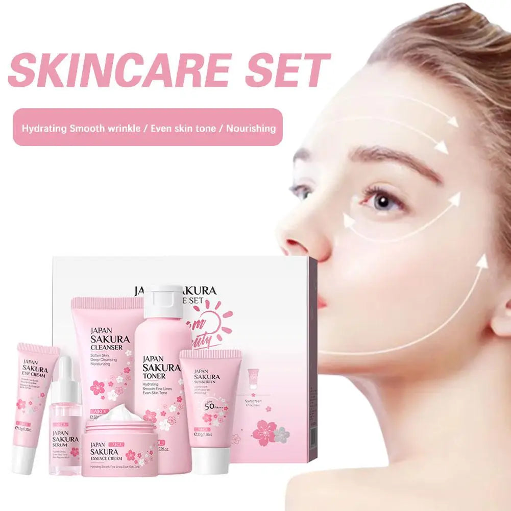 For Sakura Skin Care Sets Facial Cleanser Face Cream Serum Hydrating Firming Moisturizing Brightening Care Face Toner Kit J1F3