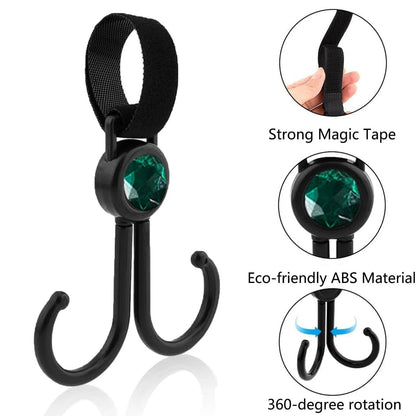 2 Pack Stroller Hooks with Hook-and-Loop - 360° Rotating Carabiner Clips for Diaper Bag, Purse, Groceries - Food Grade ABS (Univ