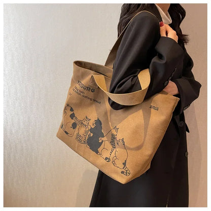 Canvas Totes Large Capacity Storage Handbag Women Tote Anime Cat Letters Shoulder Bags Girls Casual Commute Bag Portable Big Bag
