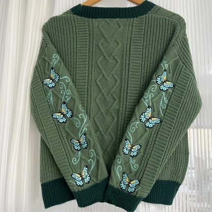 Butterfly Knitted Cardigan Women Dark Green Cardigans with Embroidery Winter Letter Patch Oversized Sweaters Tops Folklore Girl