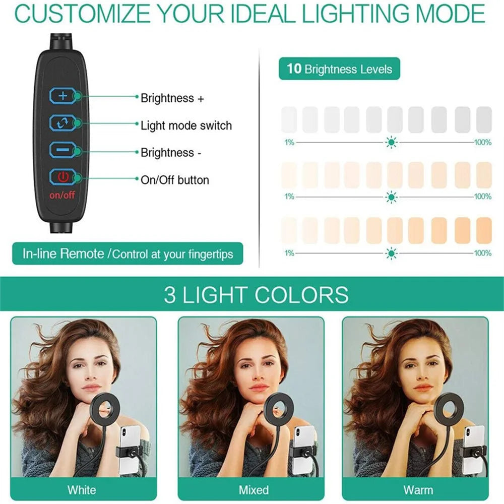 Selfie Ring Light with Phone Holder Clip-On Selfie Light Adjustable Flexible Gooseneck 2-in-1 Desk Ring Lamp for Live Streaming