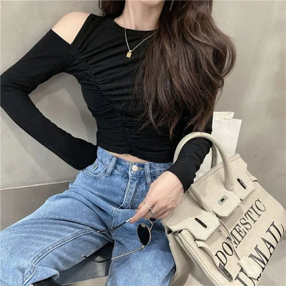 Women's T Shirts Off Shoulder Tees Sexy Plain Slim Black 2024 Tshirts 2000s Trend Female Tops Cool Wholesale Clothes Alt New In