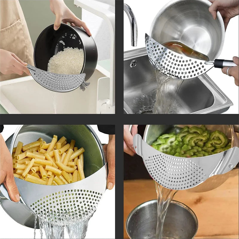 Stainless Steel Pan Pot Strainer with Handle, Pasta Drainer, Colander Water Filter, Vegetable Drainer, Kitchen Slag Separator
