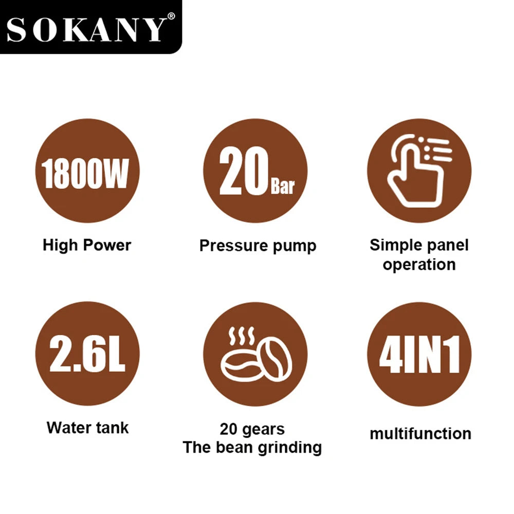 Espresso and Cappuccino Coffee Machine - 20 Bar Double Boiler Latte Coffee Maker, 4 in 1 Multifunction with LED Touch Controls