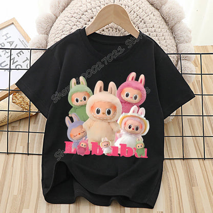 Labubu T-shirt for Children Cute Cartoon Anime Tee Top Black Short Sleeve Round Collar Clothes Fashion Kids Summer Clothing Gift