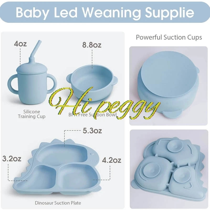 Baby Silicone Tableware Dinosaur Plate Dishes For Kids Personalized Name Baby Feeding Sets Fruit Feeder Baby Led Weaning Supplie