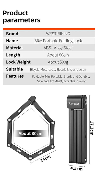WEST BIKING Foldable Bicycle Lock Security Anti-theft Cycling Lock MTB Road Bicycle Accessories Scooter Electric Bike Chain Lock