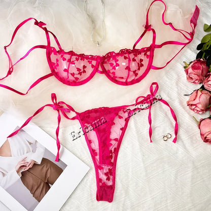 Floral Embroidery Semi Sheer Sexy Lingerie Set Erotic Lingerie Set , Intimates Bra & Thong, Women's Sexy Lingerie & Underwear