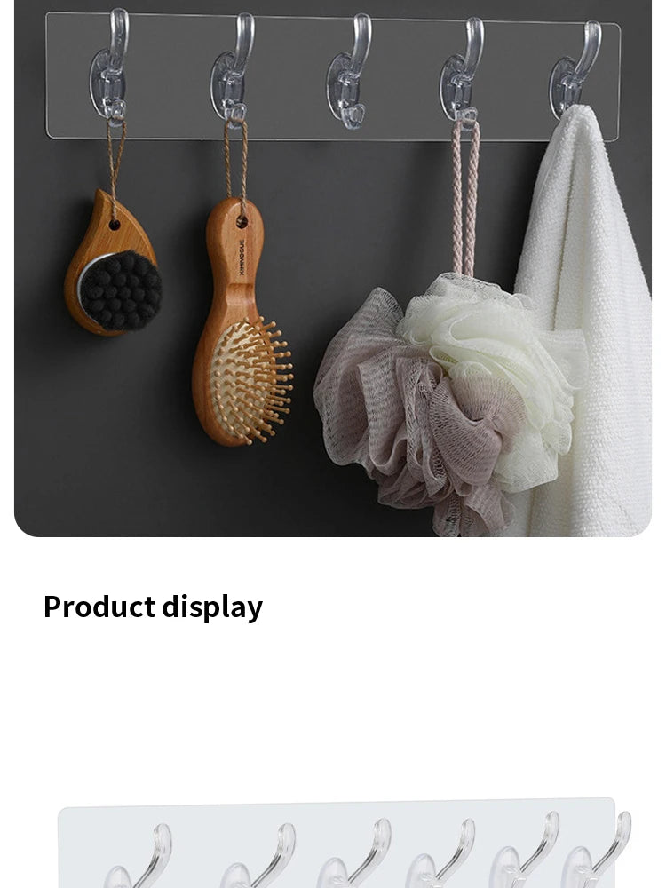 Transparent 6 Row Hooks No Trace Strong Hooks Sticky Rear Row Hooks for Hanging Towels Clothes and Coats Bathroom Accessories