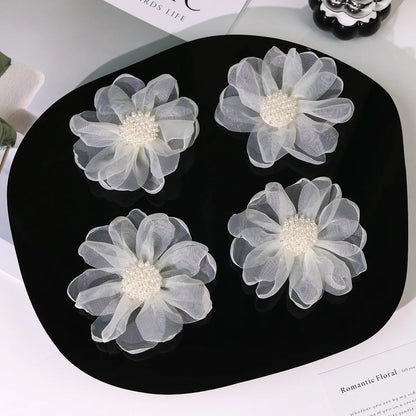 Fabric Hair Accessories For Clothing Bags Decorative Parches Applique Pearl In Center 3D ROSE Burnt Tulle Organza Hair Flower