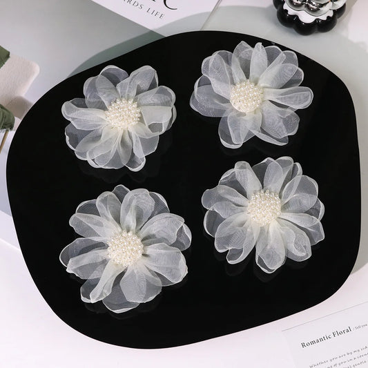 Fabric Hair Accessories For Clothing Bags Decorative Parches Applique Pearl In Center 3D ROSE Burnt Tulle Organza Hair Flower