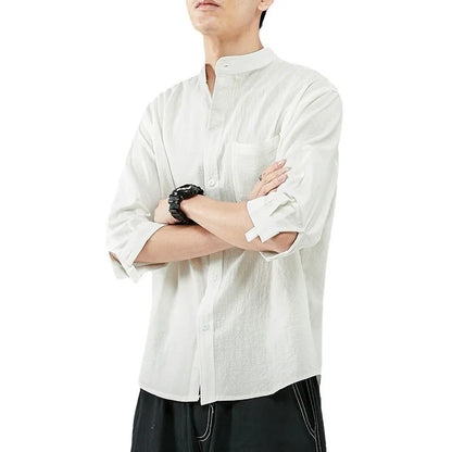 Line Shirt Men's Short-sleeved White Shirt Loose Chinese Style Summer Cotton Linen Casual Jacket Men's Quarter-sleeved Top