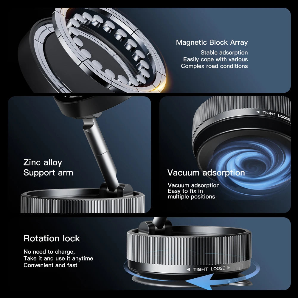 Foldable Magnetic Car Phone Mount with 360° Rotation & Vacuum Suction for Secure, Hands-Free Phone Holder