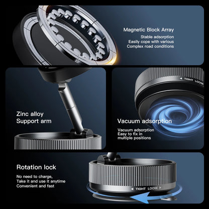 Foldable Magnetic Car Phone Mount with 360° Rotation & Vacuum Suction for Secure, Hands-Free Phone Holder