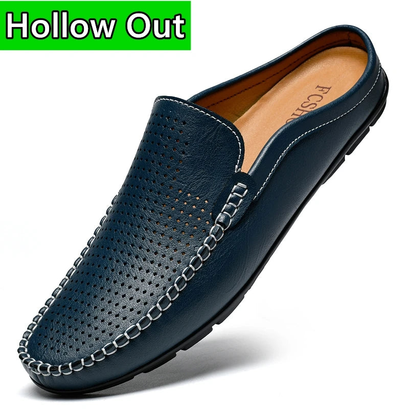 Closed Toe Half Shoes for Men Black Blue Mules Slippers Slip on Genuine Cowhide Leather Luxury Flat Sandals Man Summer 2025