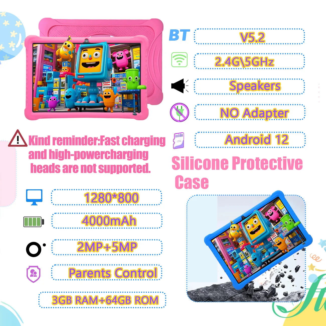 Cartoon Pattern Kids Tablet 10.1 Inch Android Learning Education Games Tablets, with Parent Control , Children's Gifts