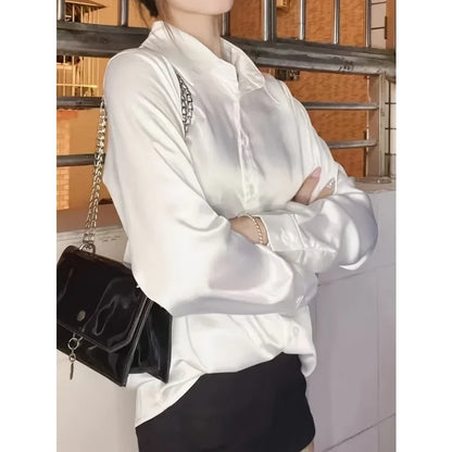 Fashion Casual Office Lady Silk Blouses Autumn Long Sleeve Button Up Shirt Women Elegant Winter Tops  Office Lady Acetate Blouse