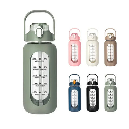 1000ML Glass Water Bottles with Straw, Glass Bottle with Silicone Sleeve and Time Marker, for Gym Camping Home Office