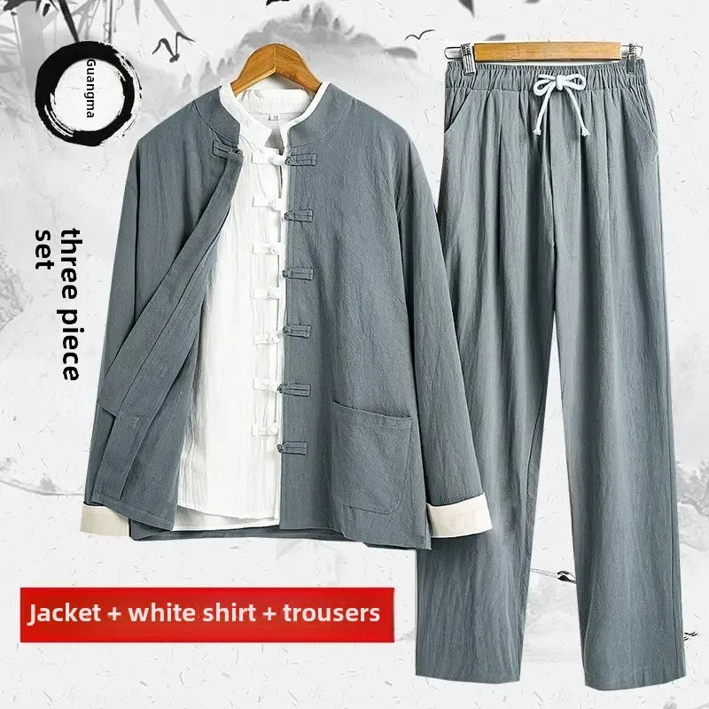 Traditional Chinese Men's Tang Suit Cotton Linen Ancient Costume Tea Servant Zen Meditation Clothing Middle Mountain Hanfu
