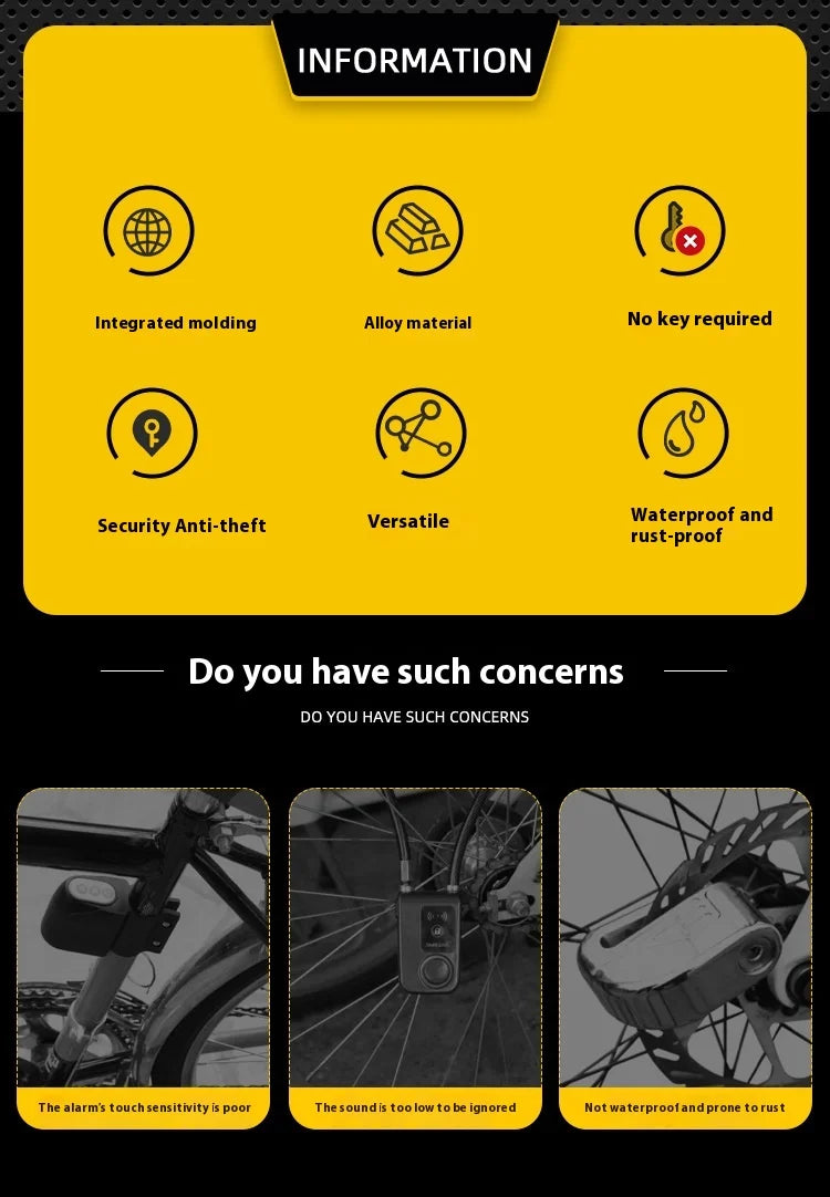 Bike Lock Bicycle Disc Brake Lock Alarm Protection Electric Bikes Locks Motorcycle Brake Disc Anti-theft Locks Cycling Equipment