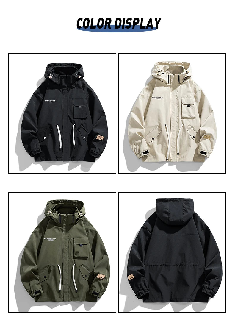 Large Size Jacket Men's Spring Autumn Multi-pocket Loose Workwear Jacket Hooded Youth Trendy Tops Mens Clothes 8XL 9XL