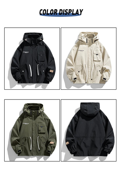 Large Size Jacket Men's Spring Autumn Multi-pocket Loose Workwear Jacket Hooded Youth Trendy Tops Mens Clothes 8XL 9XL