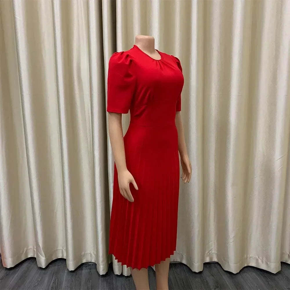 Elegant Office Dresses Pleated Woman 2025 New O Neck Short Sleeve Mid Calf Formal Business Work Wear Dress Midi Vestidos Mujer
