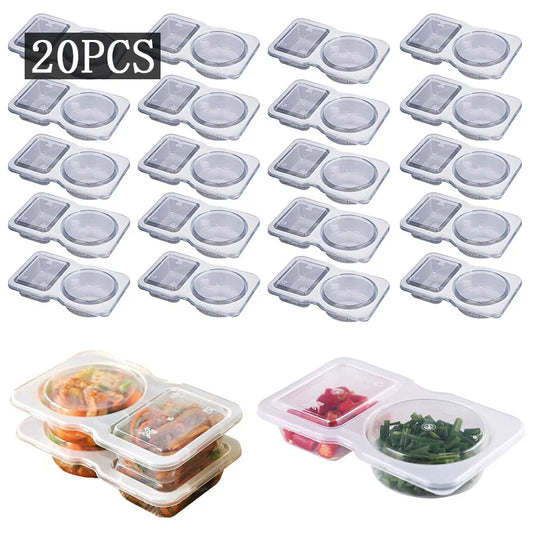 20pcs Plastic Double Compartment Condiment Containers with Lids, Reusable, Disposable 2-Compartment Snack Cups for To-Go Sauces