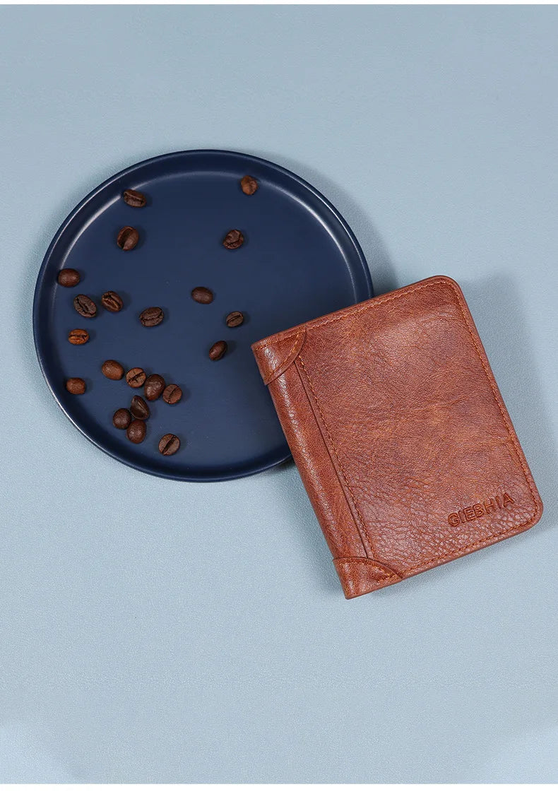 Men's Wallets RFID Blocking Genuine Leather Trifold Business Short Purse Wallet for Men with ID Window and Credit Card Holder