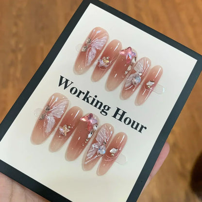 10Pcs Almond Pink Handmade Nails Set Press on Nails Long Ballet Fake Nail Simple Wearable Full Cover Nail Tips Press on Nails