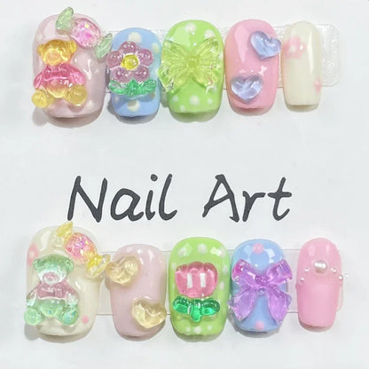 10Pc Acrylic Kawaii Press on Nails Cute Funny Fake Nails with Cartoon Animal Nails Wearable Short Square Full Cover Manicure Tip