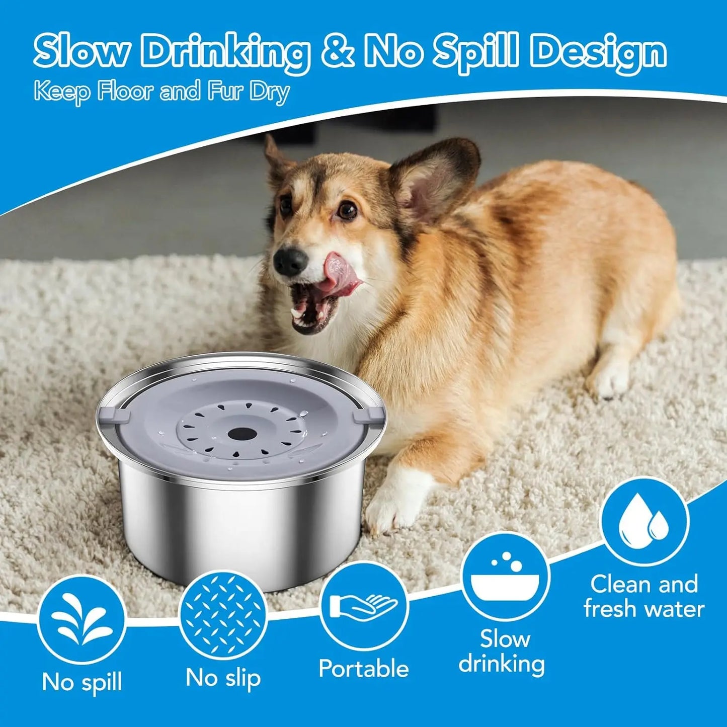 4L Dog Water Bowl No Spill Smartoo Large Capacity Stainless Steel Dog Slow Water Feeder - Spill Proof & Zero Splash & No Drip