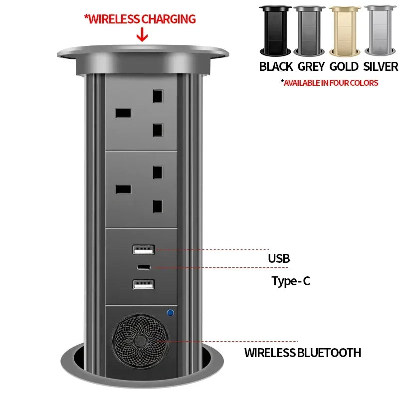 Motorized Pop up Tower Socket Wireless Charger Automatic Power Plug Desktop Worktop ,Eu Fr Socket USB Type-C Bluetooth Speaker