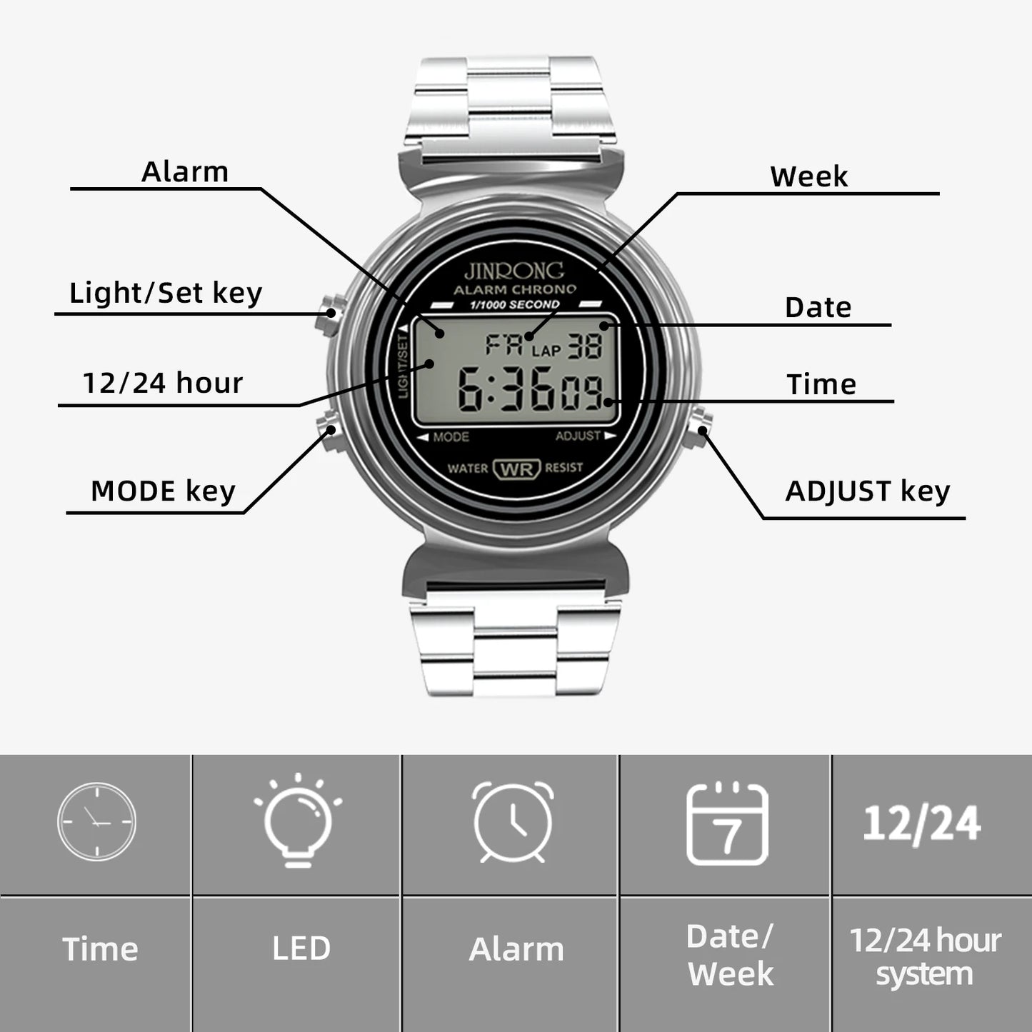 Fashionable men's and women's digital watches, waterproof 30M, stainless steel strap, LED backlight, date and week display