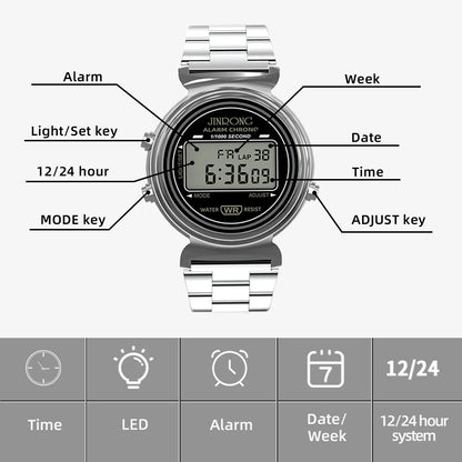 Fashionable men's and women's digital watches, waterproof 30M, stainless steel strap, LED backlight, date and week display