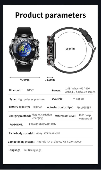 Sapphire 2025New Health managed Smart Watch Health measure Blood Fat Uric Acid Call ECG+PPG blood pressure Health Smartwatch IOS