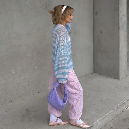 DGLUKE Striped Oversized Sweaters For Women Autumn Winter Knitted Wool Sweater And Jumpers Lantern Sleeve Pullover Sweatshirt