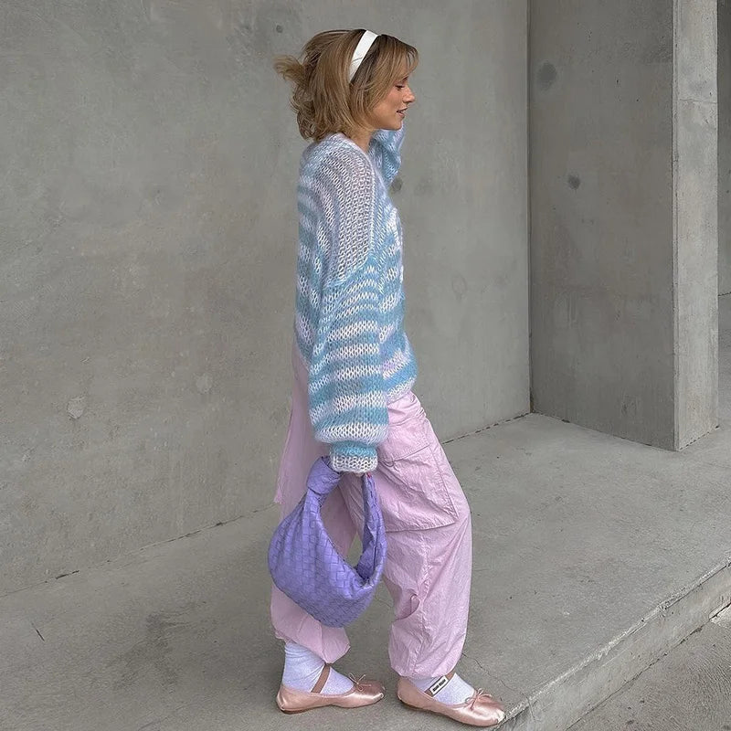 DGLUKE Striped Oversized Sweaters For Women Autumn Winter Knitted Wool Sweater And Jumpers Lantern Sleeve Pullover Sweatshirt