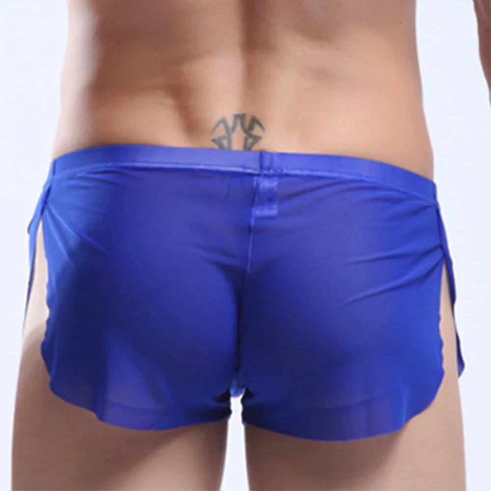 Mens Sexy Underwear Wet Look Lingerie Breathable Pouch Boxer Shorts Side Split Trunks Quick Dry Underpants Ultra Thin Panties