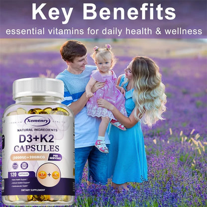 Vitamin D3 5000IU and 200 Mcg Vitamin K2 (MK-7) Capsules for Calcium Absorption, Bone Regeneration, Immune Support, Easy To Melt